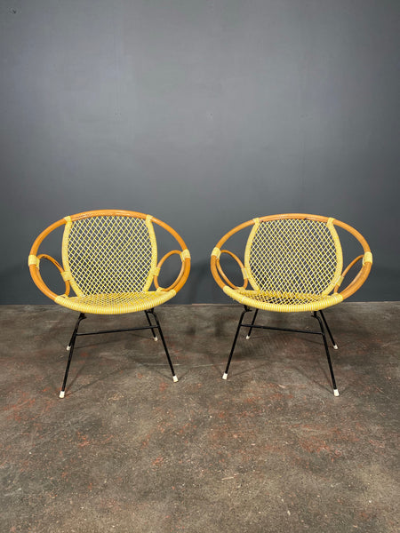 Pair Of Mid Century Bamboo And String Egg Chairs