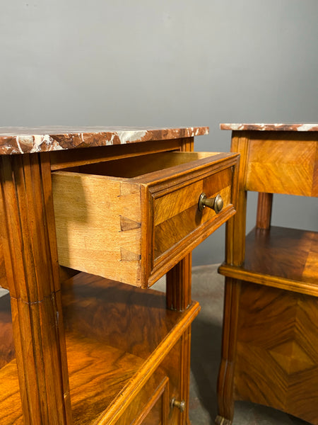 A Pair Of Antique French Walnut Bedside Cabinets With Marble Top