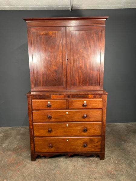 Antique Victorian Mahogany Cupboard On Chest Linen Press