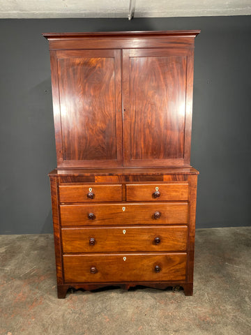Antique Victorian Mahogany Cupboard On Chest Linen Press